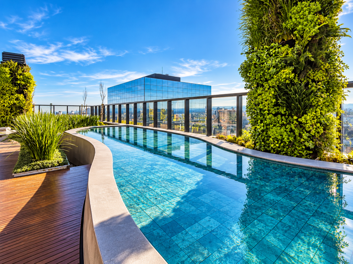 Piscina no terraço com jardim vertical e vista da cidade